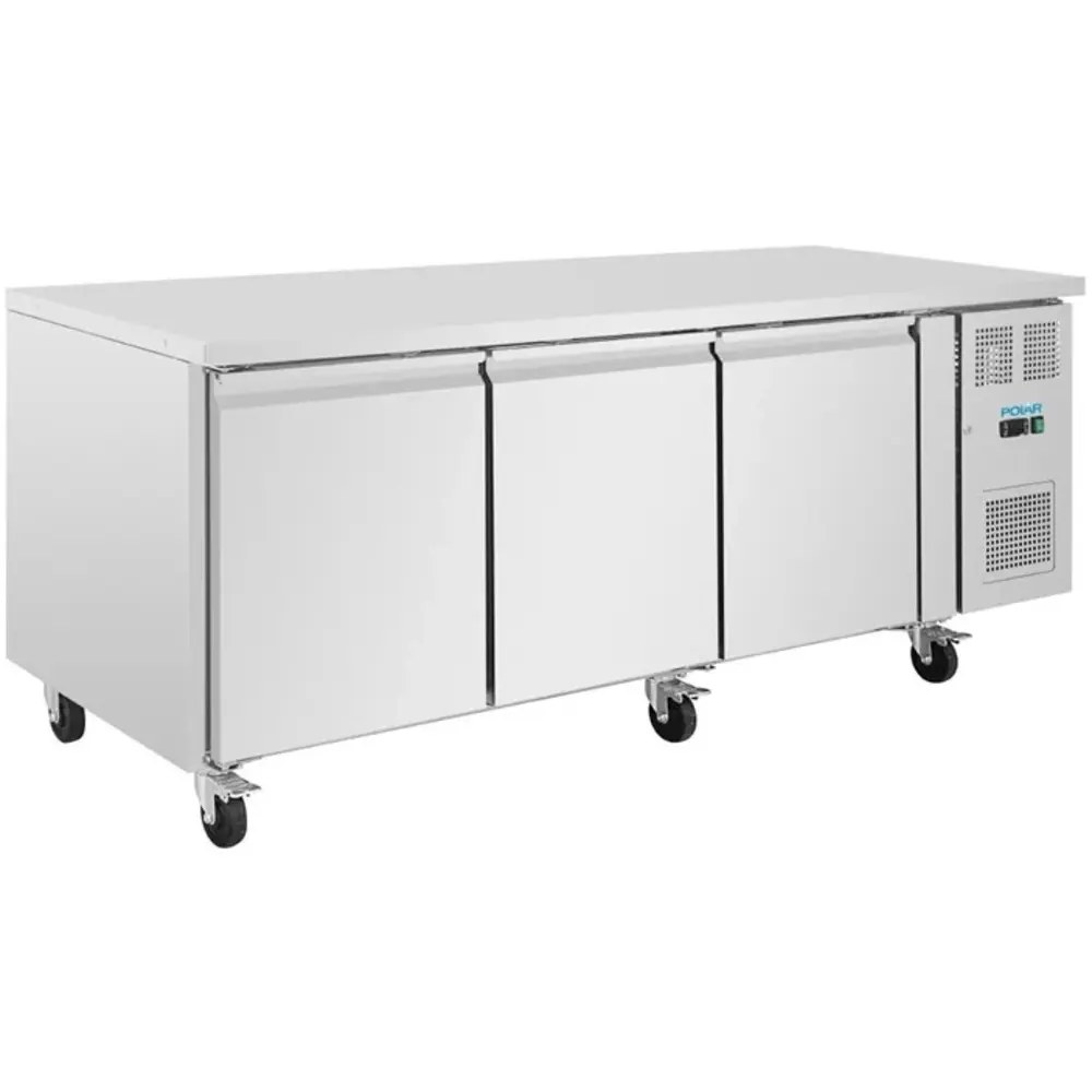 Polar Bakkerij Koelwerkbank | U-serie | Energiezuinig | 634l | 3 Deuren (en600x400) | +2°c/+8°c | Geforceerd | Wielen (geremd) | 2020x800x860(h)mm
