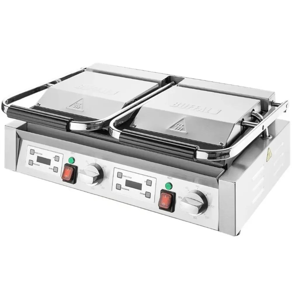 Buffalo Contact-/paninigrill | Bistro | Dubbel | Gegroefd Oppervlak (gietijzer) | 50°c/300°c | 3.6kw (2x 230v) | Timers | 570x310x200(h)mm