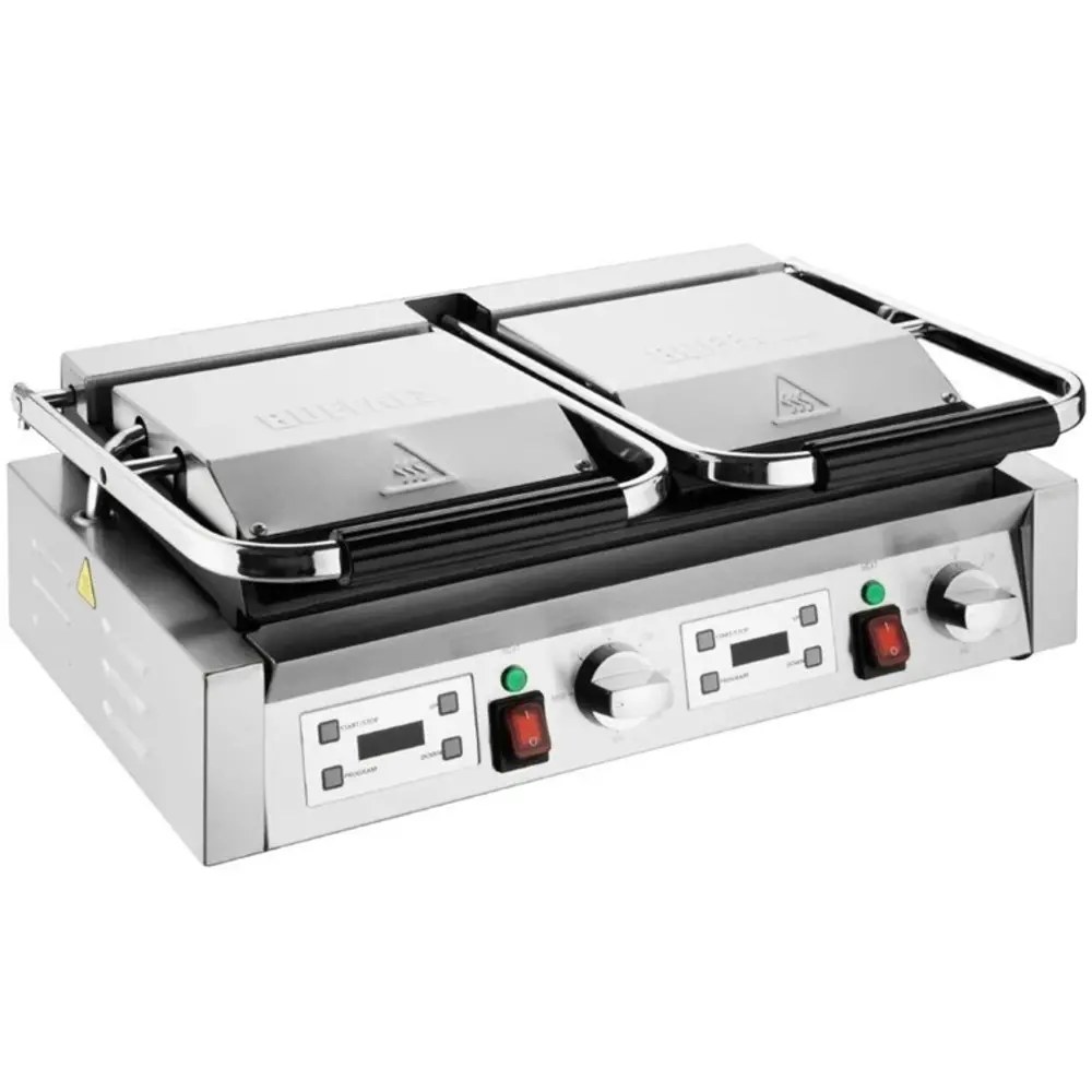 Buffalo Contact-/paninigrill | Bistro | Dubbel | Gegroefd Oppervlak (gietijzer) | 50°c/300°c | 3.6kw (2x 230v) | Timers | 570x310x200(h)mm