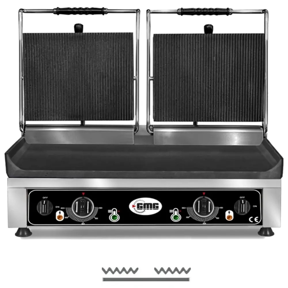 Gmg Contact-/paninigrill | Dubbel | Gegroefd Oppervlak 600x400 (gietijzer) | 50°c/300°c | 6kw (230v) | 640x540x300(h)mm