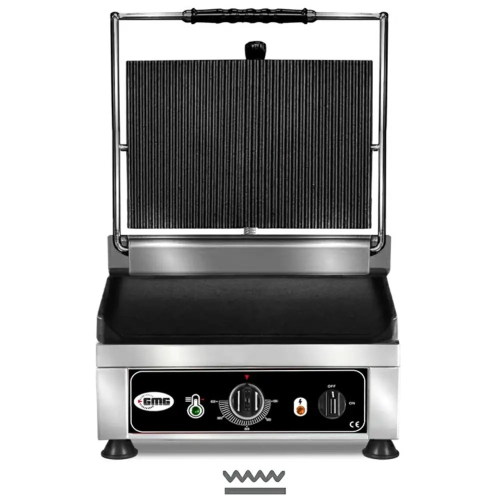 Gmg Contact-/paninigrill | Enkel | Glad Oppervlak 250x250 (gietijzer) | 50°c/300°c | 1.75kw (230v) | 290x440x300(h)mm