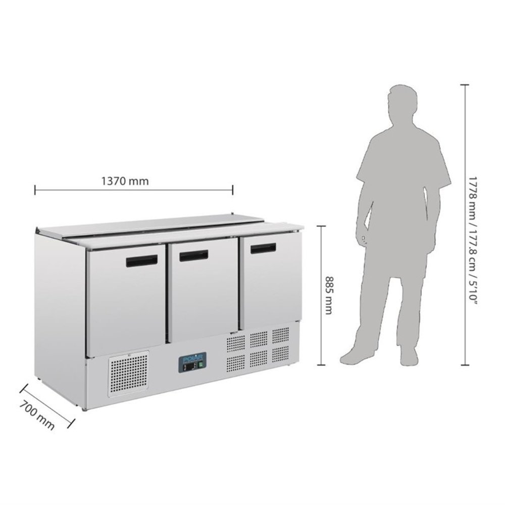 Polar G-serie Rvs Gekoelde Saladette 3-deurs | 368l | 1/1 GN | 230v | 1370x700x885(h)mm
