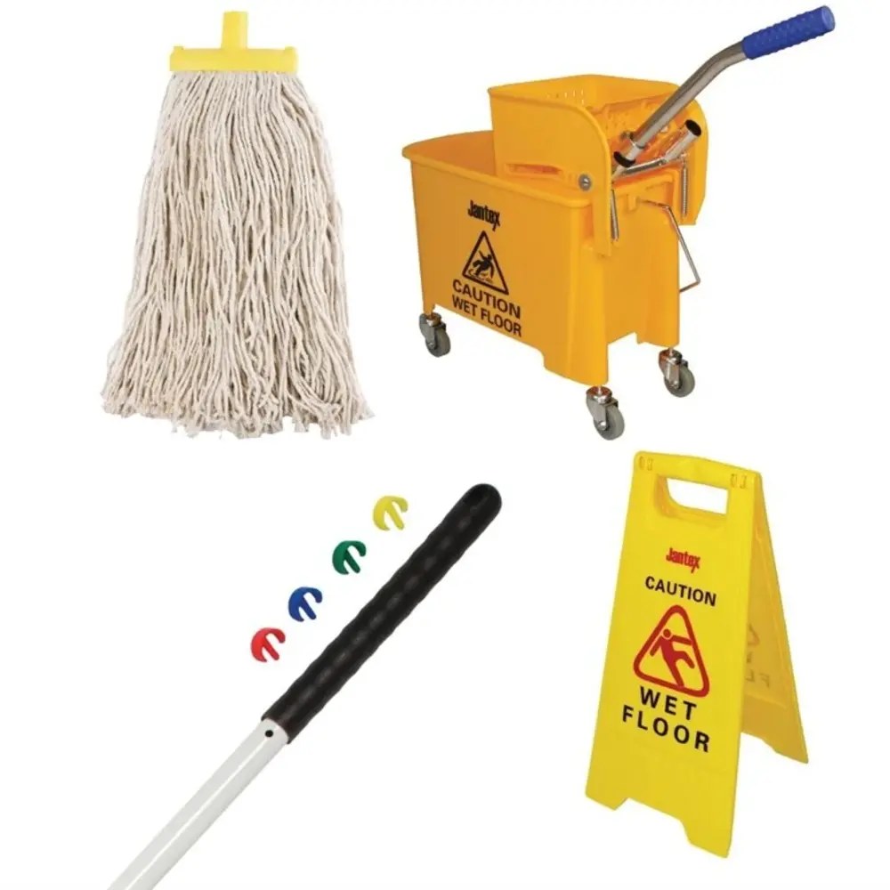 Jantex Schoonmaakset | Kunststof | Geel/wit | Incl. Mop/emmer/waarschuwingsbord