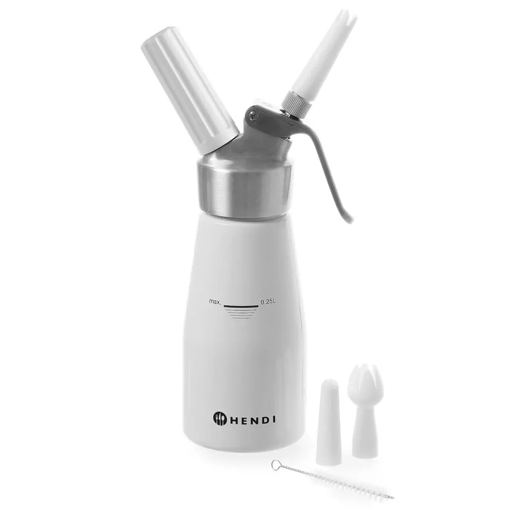 Hendi Slagroomapparaat | Kitchenline | Aluminium | Wit | 0.25l | 3 Spuitmonden | ø80x200(h)mm