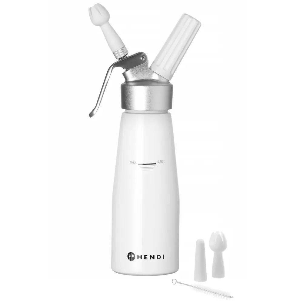 Hendi Slagroomapparaat | Kitchenline | Aluminium | Wit | 0.5l | 3 Spuitmonden | ø80x260(h)mm