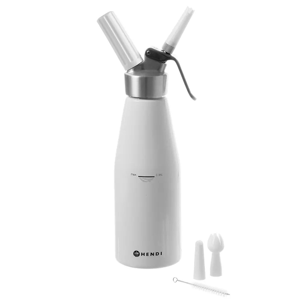 Hendi Slagroomapparaat | Kitchenline | Aluminium | Wit | 0.95l | 3 Spuitmonden | ø95x320(h)mm