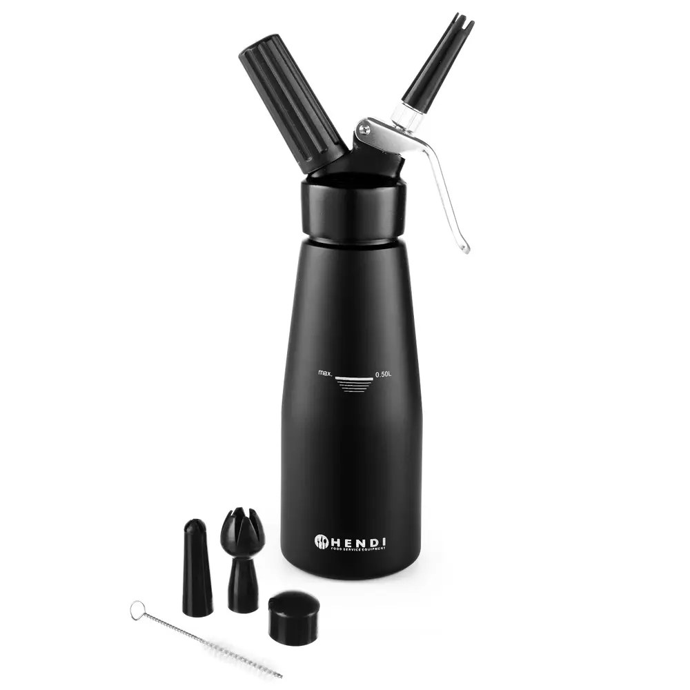 Hendi Slagroomapparaat | Kitchenline | Aluminium | Zwart | 0.5l | 3 Spuitmonden | ø80x260(h)mm