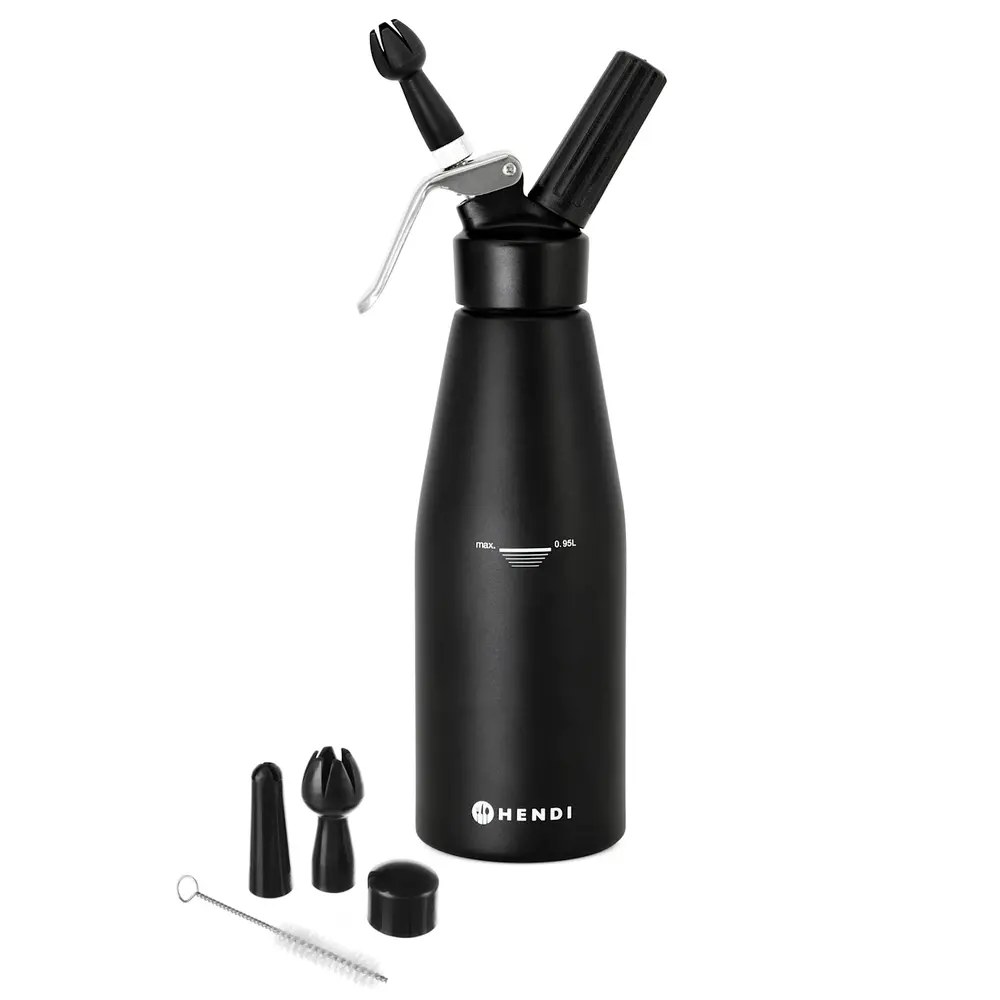 Hendi Slagroomapparaat | Kitchenline | Aluminium | Zwart | 0.95l | 3 Spuitmonden | ø95x320(h)mm