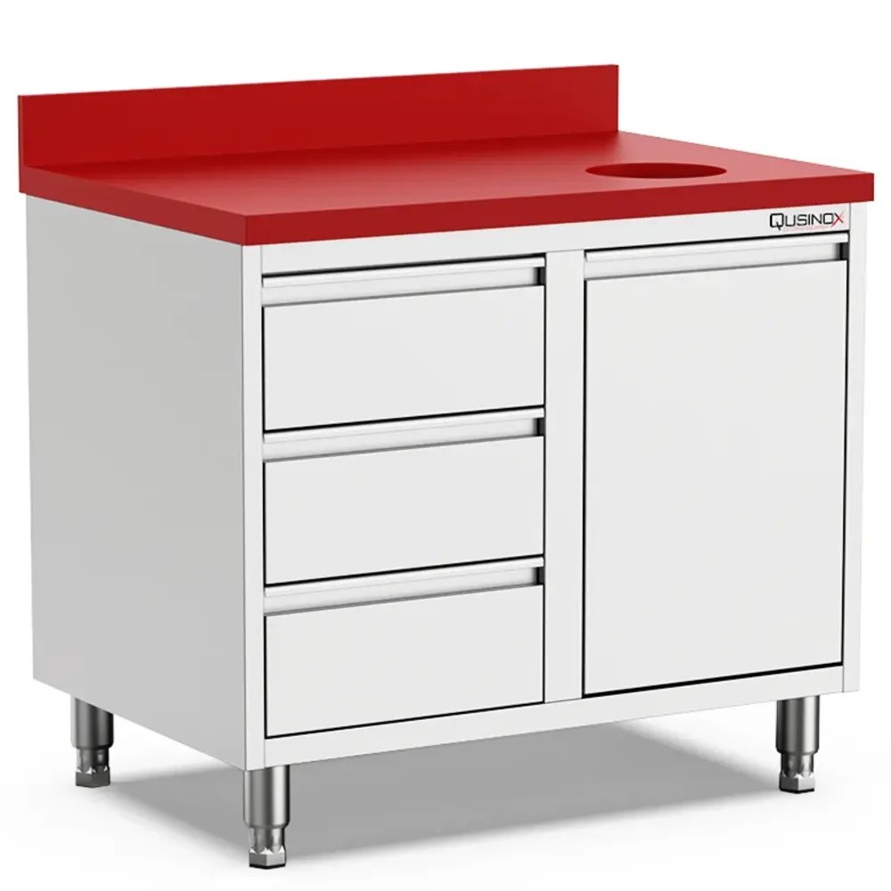 Qusinox Snijwerkbank | 700 Line | Rvs/polyethyleen | Kanteldeur + Laden (rechts) | Afvalgat | Achteropstand | 1000x700x900(h)mm