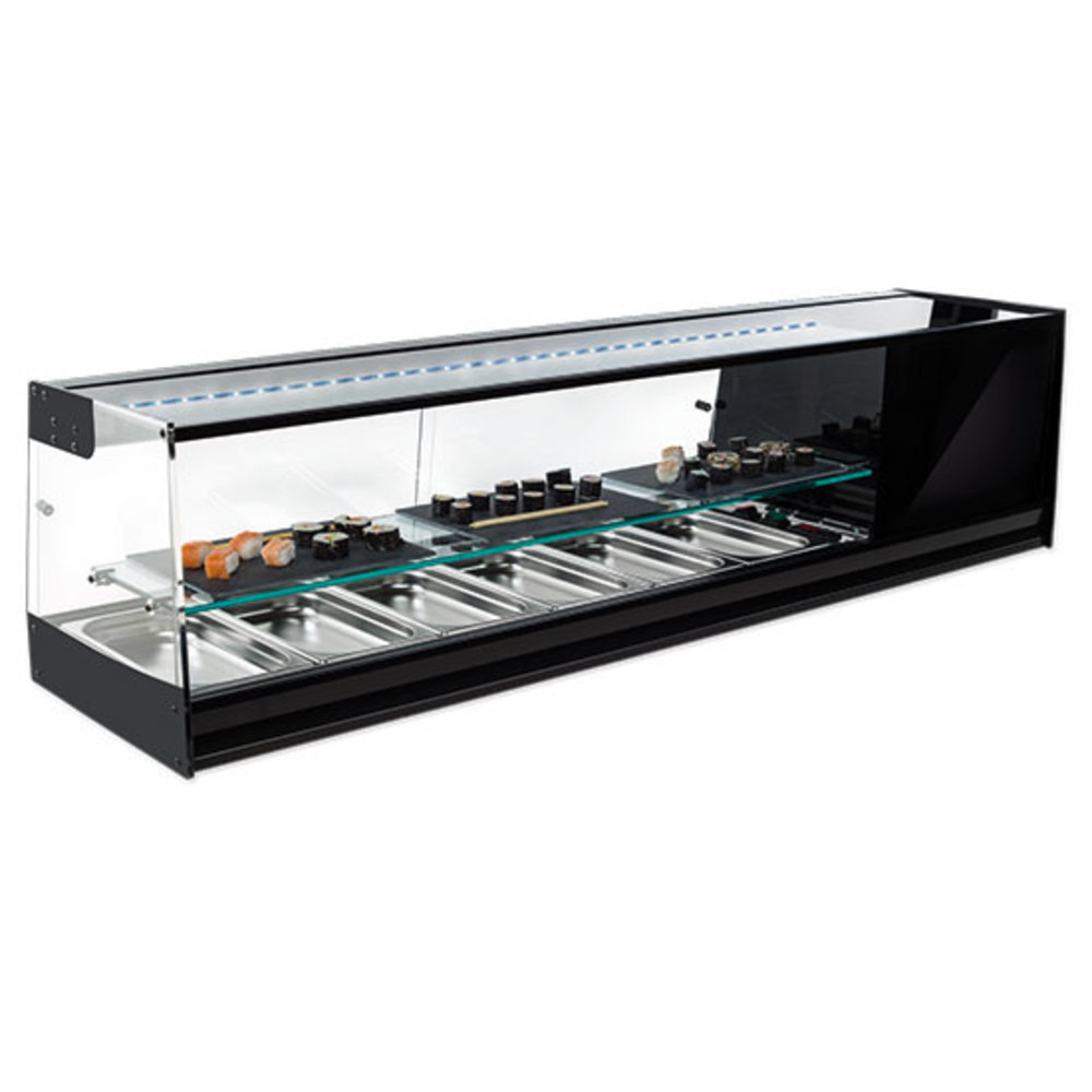 Mastro Tapasvitrine | Rvs/zwart | 6x 1/3 GN | +1°c/+5°c | Statisch | 2 Niveaus | 1566x410x330(h)mm