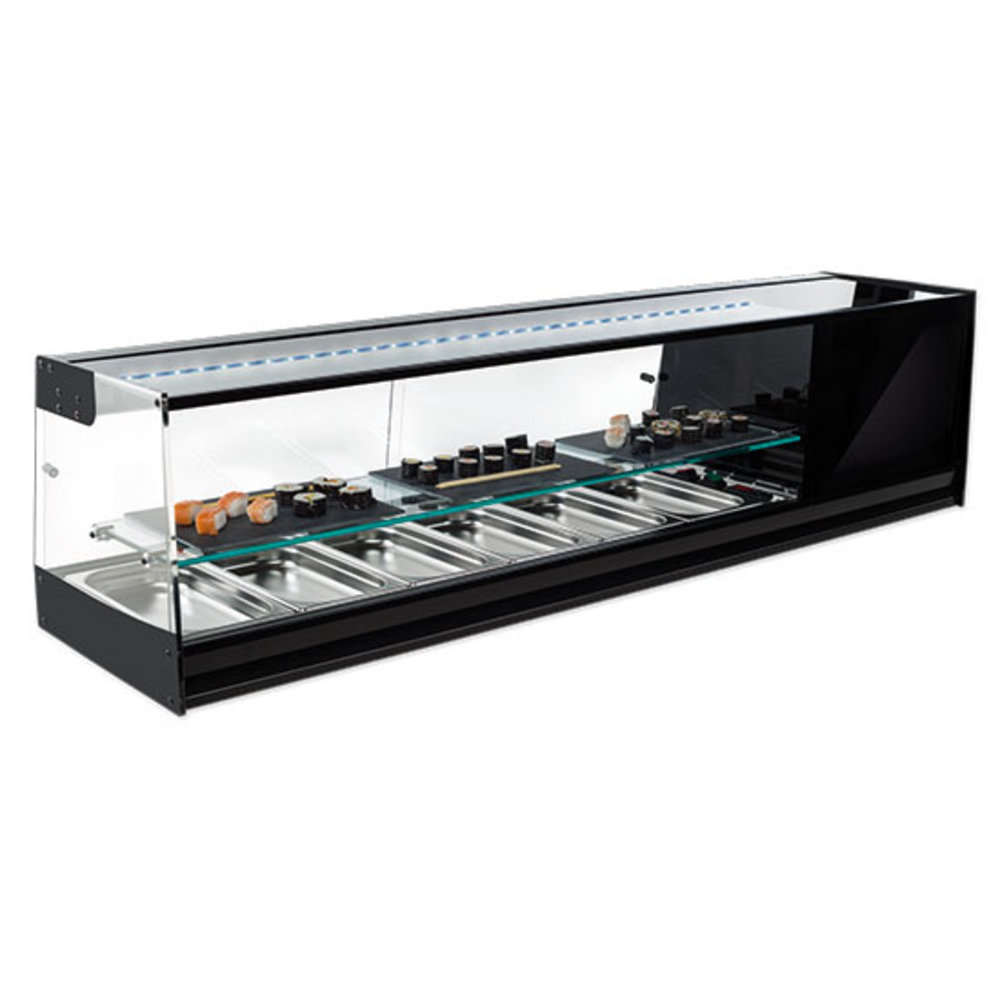 Mastro Tapasvitrine | Rvs/zwart | 4x 1/3 GN | +1°c/+5°c | Statisch | 2 Niveaus | 230v | Compressor Links | 1216x410x330(h)mm