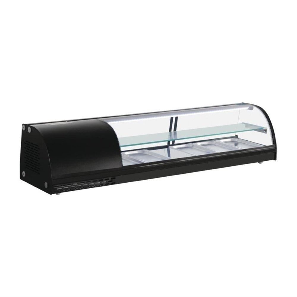 Polar Tapasvitrine | Zwart | 5x 1/3 GN | +4°c/+8°c | Statisch | 2 Niveaus | 1500x390x330(h)mm