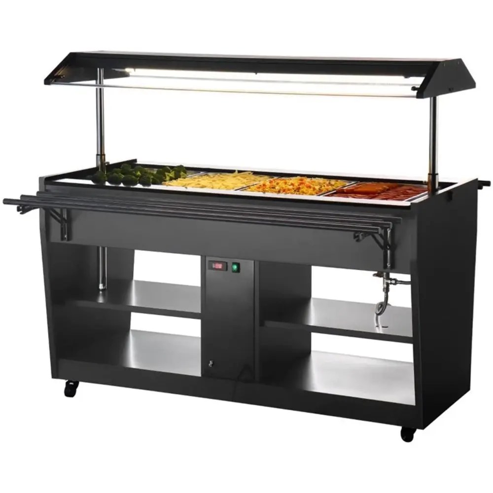 Buffalo Verwarmd Buffet | Zwart | 4x 1/1 GN | 30°c/90°c | Bain-marie | Liftkap (verlicht) | Wielen (geremd) | 1058x740x1356(h)mm