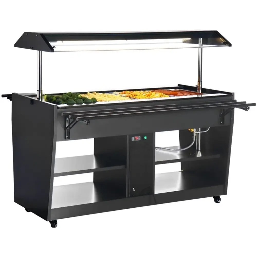 Buffalo Verwarmd Buffet | Zwart | 4x 1/1 GN | 30°c/90°c | Bain-marie | Liftkap (verlicht) | Wielen (geremd) | 1058x740x1356(h)mm