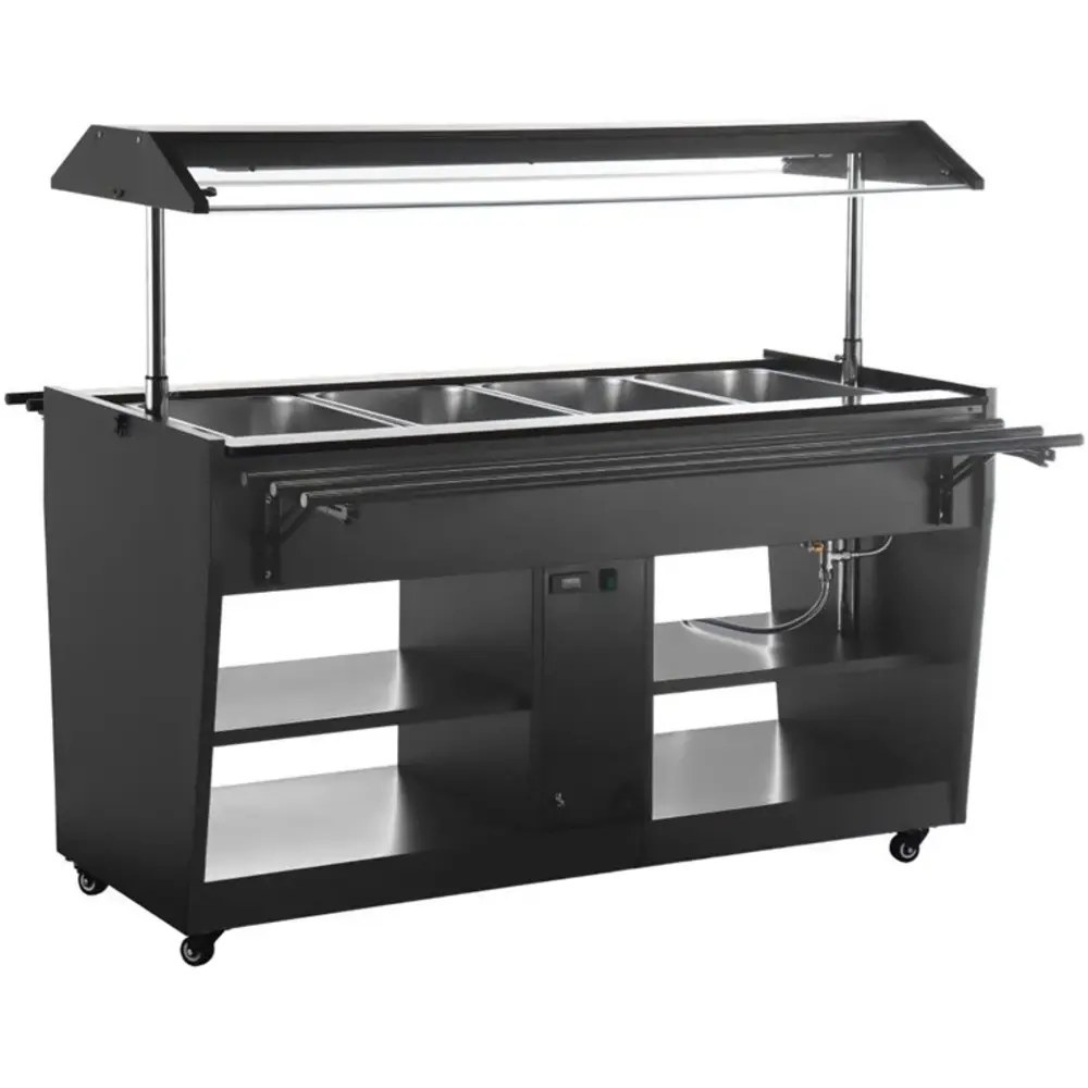 Buffalo Verwarmd Buffet | Zwart | 4x 1/1 GN | 30°c/90°c | Bain-marie | Liftkap (verlicht) | Wielen (geremd) | 1058x740x1356(h)mm