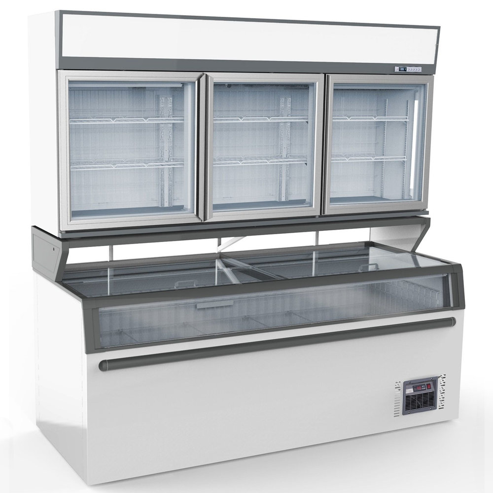 Combisteel Wandcombinatie (koel/vries) | Wit | 0°c/+10°c | -18°c | Geforceerd | 3 Schappen | 1.27kw | Schuifdeksels + Glasdeuren | 2104x890x2110(h)mm