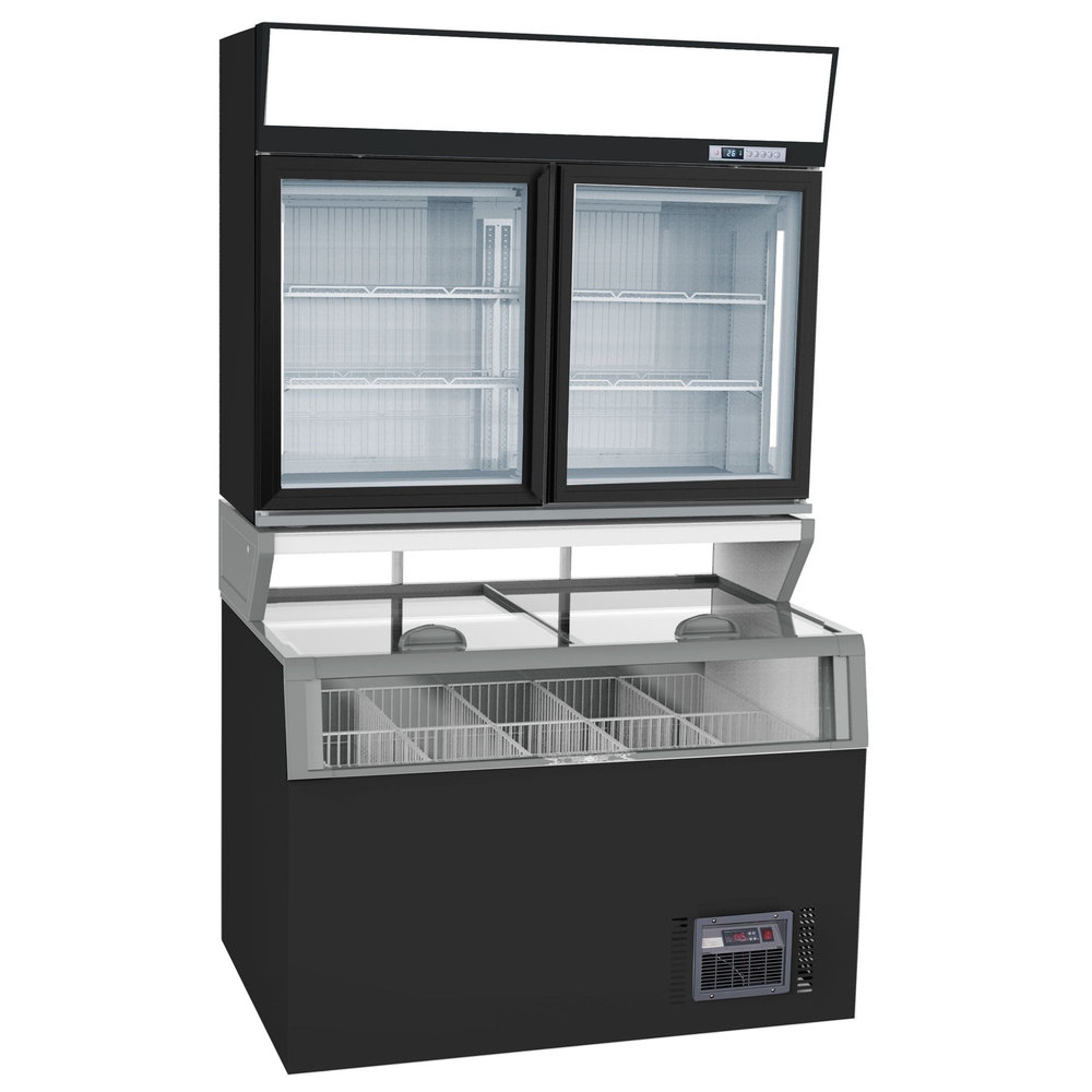 Combisteel Wandcombinatie (koel/vries) | Zwart | 0°c/+10°c | -18°c | Geforceerd | 3 Schappen | 0.91kw | Schuifdeksels + Glasdeuren | 1454x890x2110(h)mm