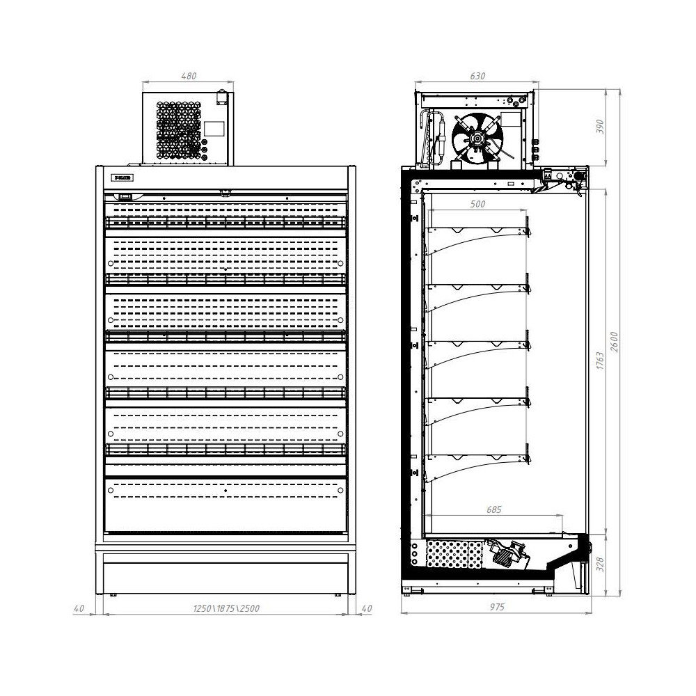 Combisteel Wandkoeling | Max | Zwart | -1°c/+7°c | Geforceerd | 6 Schappen | 3.5kw | Klapdeuren | Incl. Losse Koelmotor | 2500x975x2210/2600(h)mm