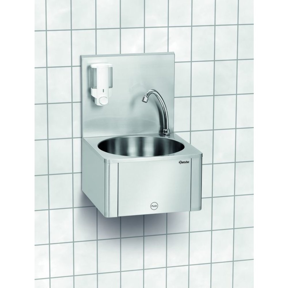 Bartscher Wasbak Wandmontage Rvs | Knie Bediening en Geïntegreerde Zeepdispenser | 400x404x577(h)mm