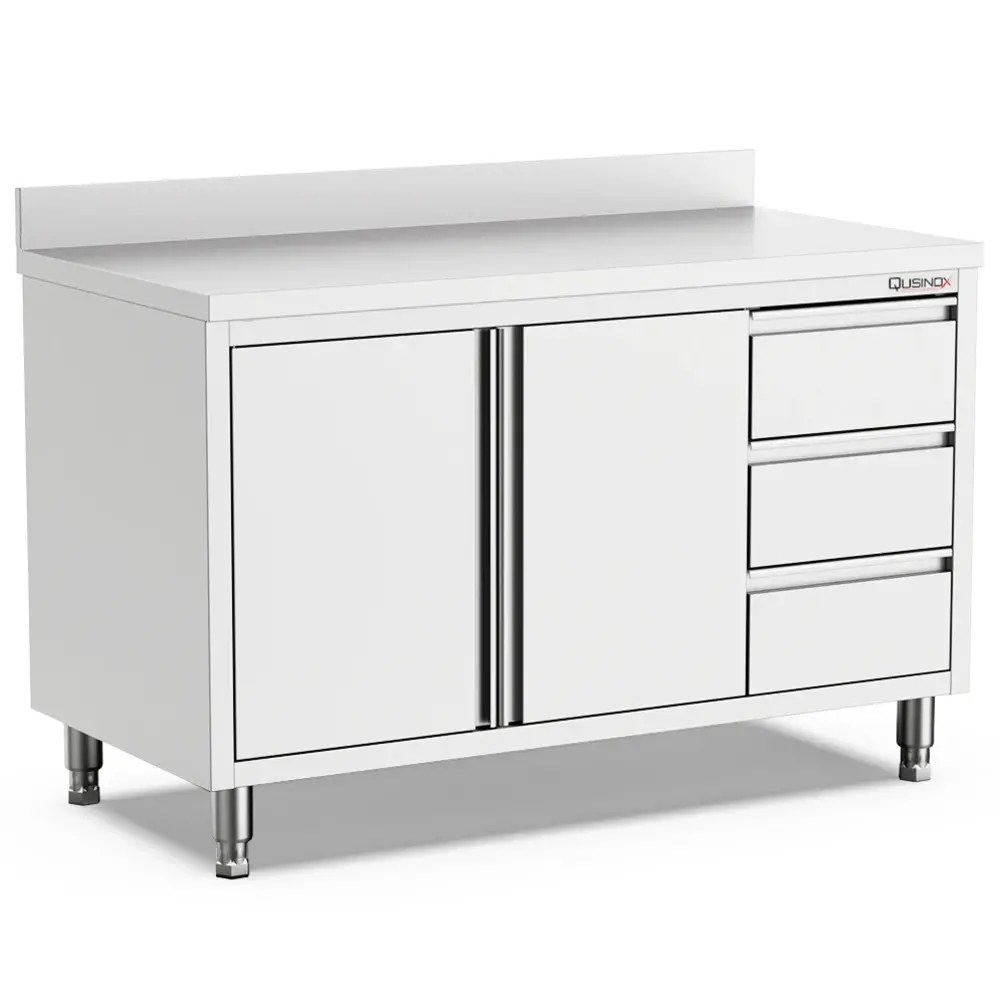 Qusinox Werkbank | 600 Line | Rvs | Draaideuren + Laden (links) | Achteropstand | 1200x600x900(h)mm