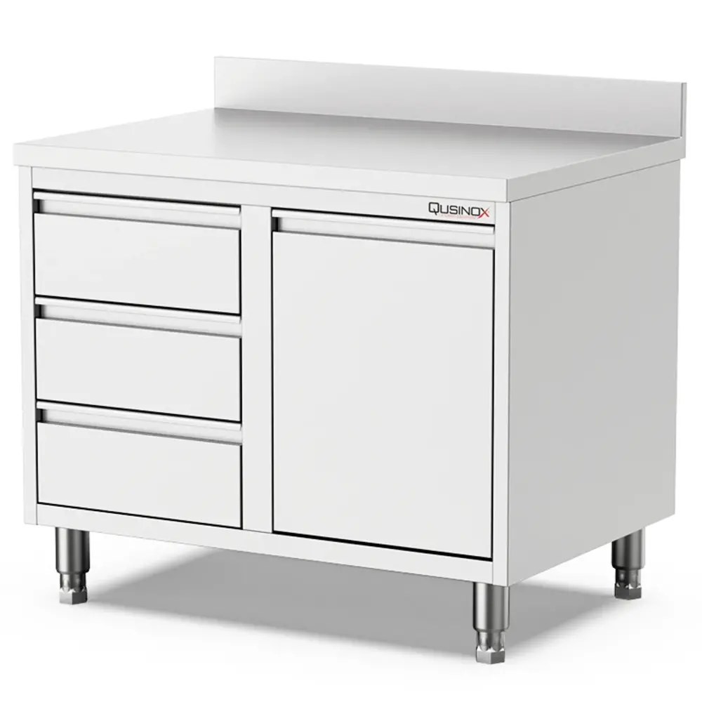 Qusinox Werkbank | 600 Line | Rvs | Kanteldeur + Laden (rechts) | Achteropstand | 1000x600x900(h)mm