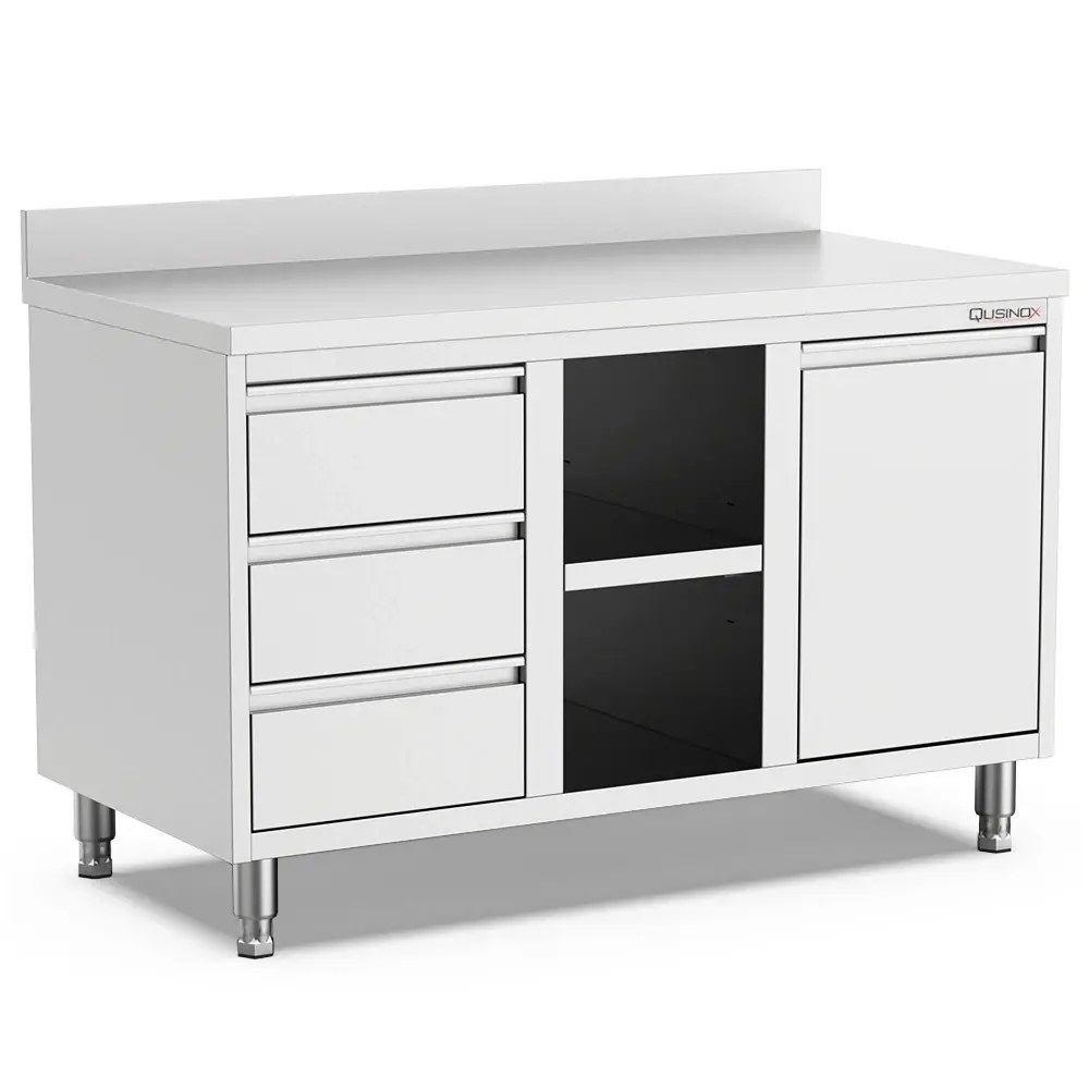 Qusinox Werkbank | 600 Line | Rvs | Kanteldeur + Open Vak + Laden (rechts) | Achteropstand | 1400x600x900(h)mm
