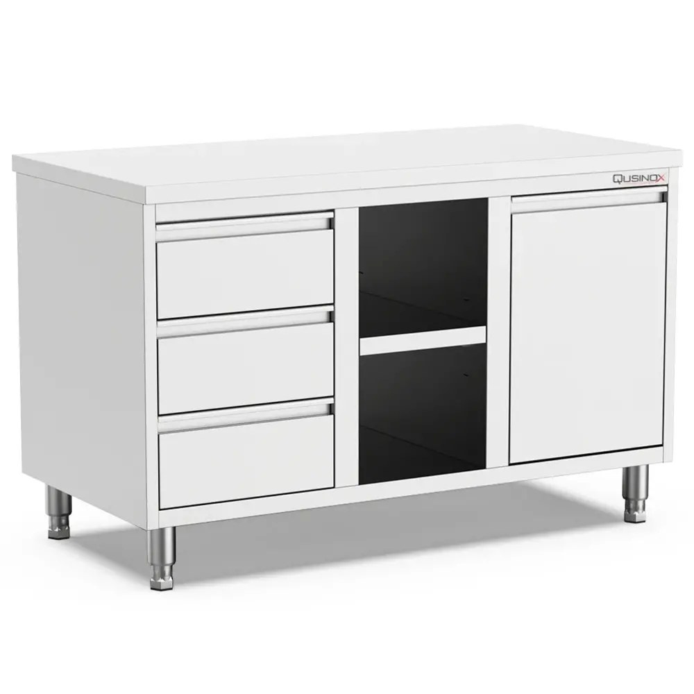 Qusinox Werkbank | 700 Line | Rvs | Kanteldeur + Open Vak + Laden (rechts) | 1400x700x900(h)mm