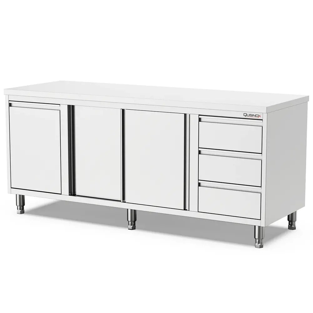 Qusinox Werkbank | 600 Line | Rvs | Kanteldeur + Schuifdeuren + Laden (links) | 2000x600x900(h)mm