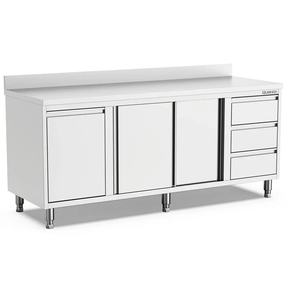 Qusinox Werkbank | 600 Line | Rvs | Kanteldeur + Schuifdeuren + Laden (links) | Achteropstand | 2000x600x900(h)mm