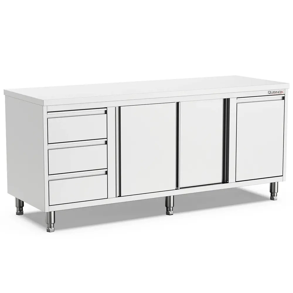 Qusinox Werkbank | 700 Line | Rvs | Kanteldeur + Schuifdeuren + Laden (rechts) | 2000x700x900(h)mm