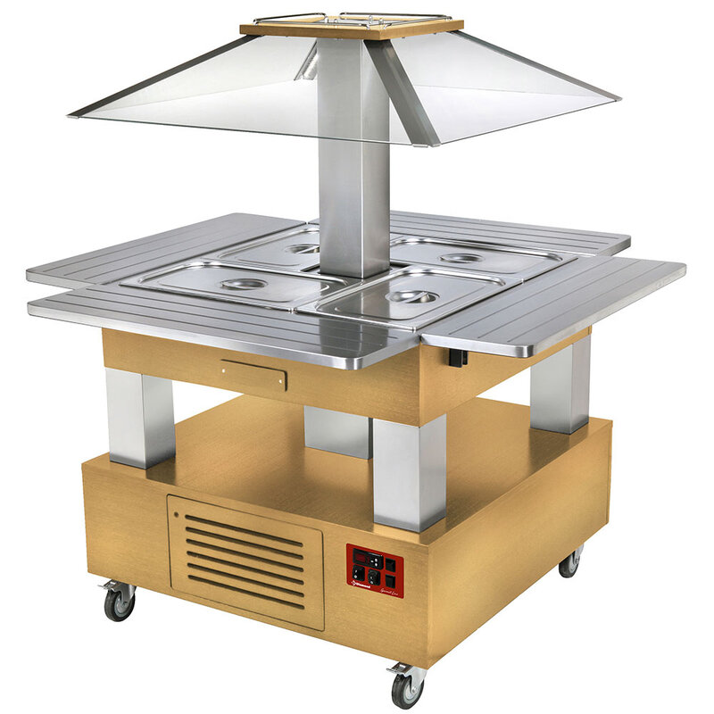 Eiland Buffet - Salad Bar, Gekoeld, Gemotoriseerd Koepel 4x GN 1/1-150 (licht Eiken Hout)
