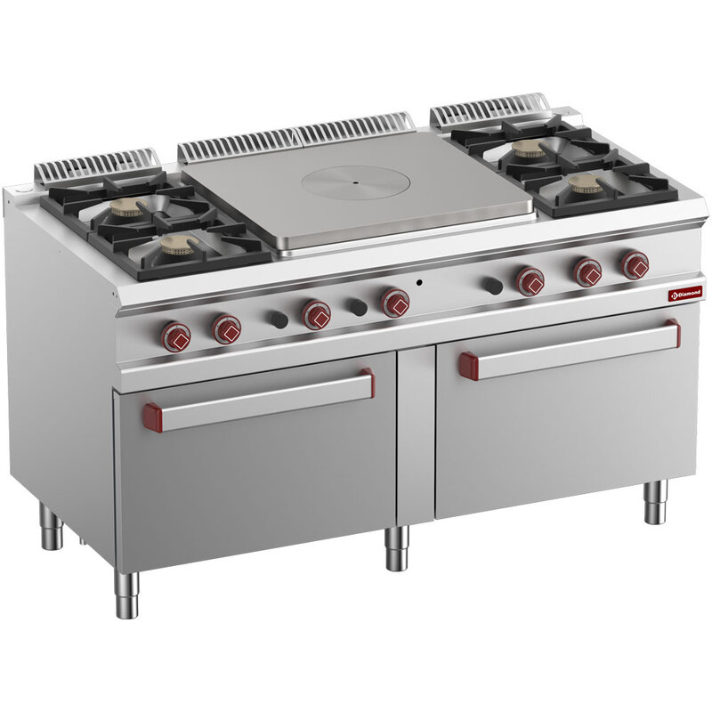 Fornuis 4 Branders, Centrale Doorkookplaat, 2 Gasovens GN 2/1