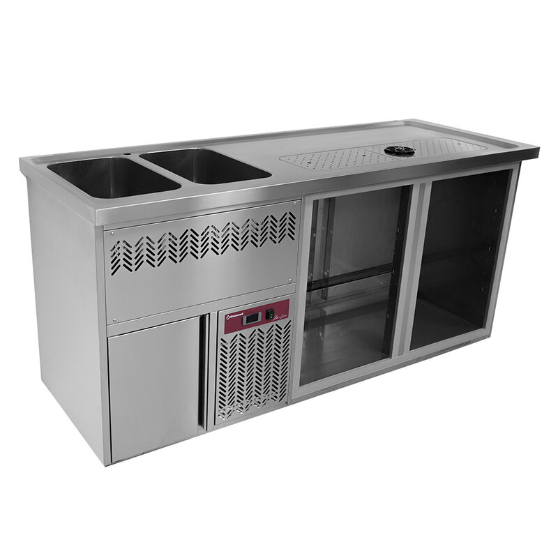 Bar Toonbank Met 2 Compartimenten, Afdruiprek + Rooster, 2 Spoelbakken Links.