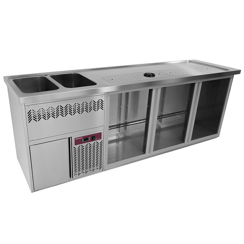 Bar Toonbank Met 3 Compartimenten, Afdruiprek + Rooster, 2 Spoelbakken Links