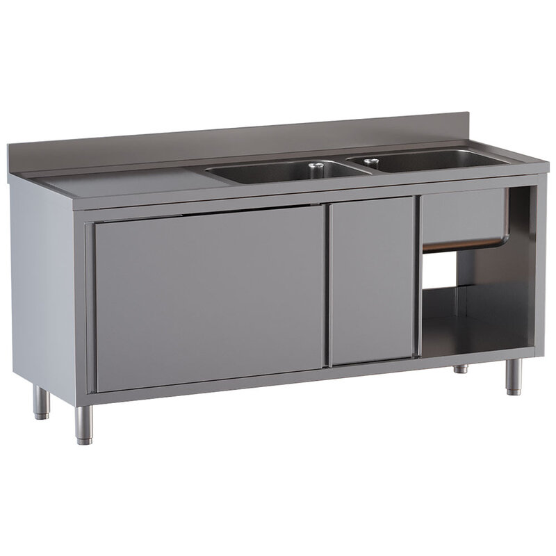 Spoeltafel 2 Kuipen 500x500x300, Afdruipblad Links, op Kast Met 2 Schuifdeuren
