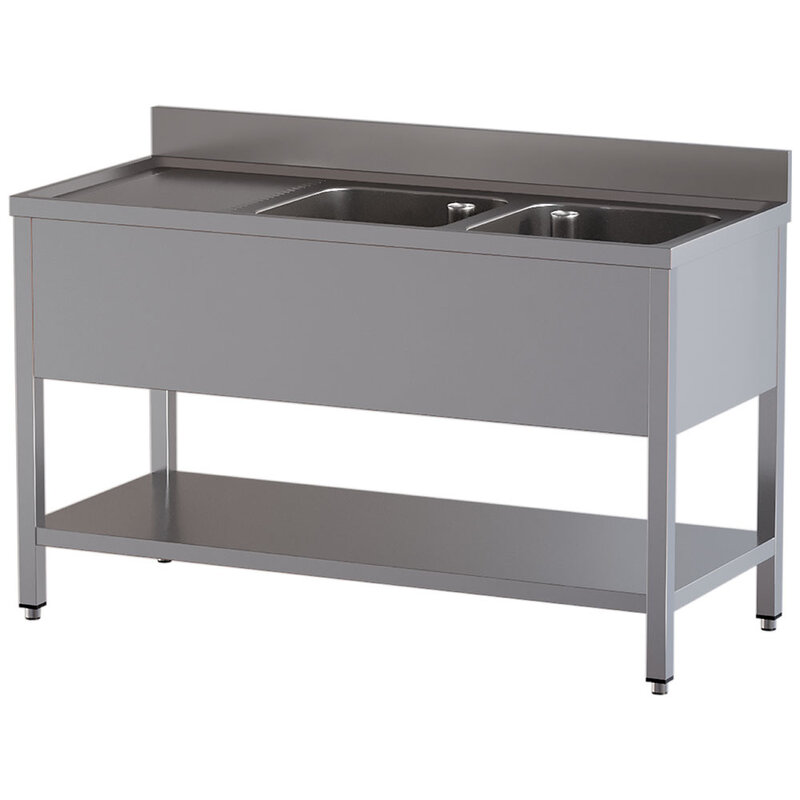 Spoeltafel Met 2 Kuipen en 1 Afdruipblad Links, Met Onderlegplank