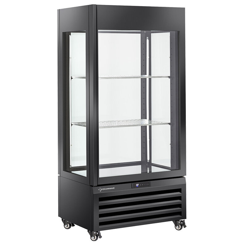 Full Glazen Vitrine" 600 Liter, 1 Niveau + 2 Planken, Geventileerd - Wine - Zwart