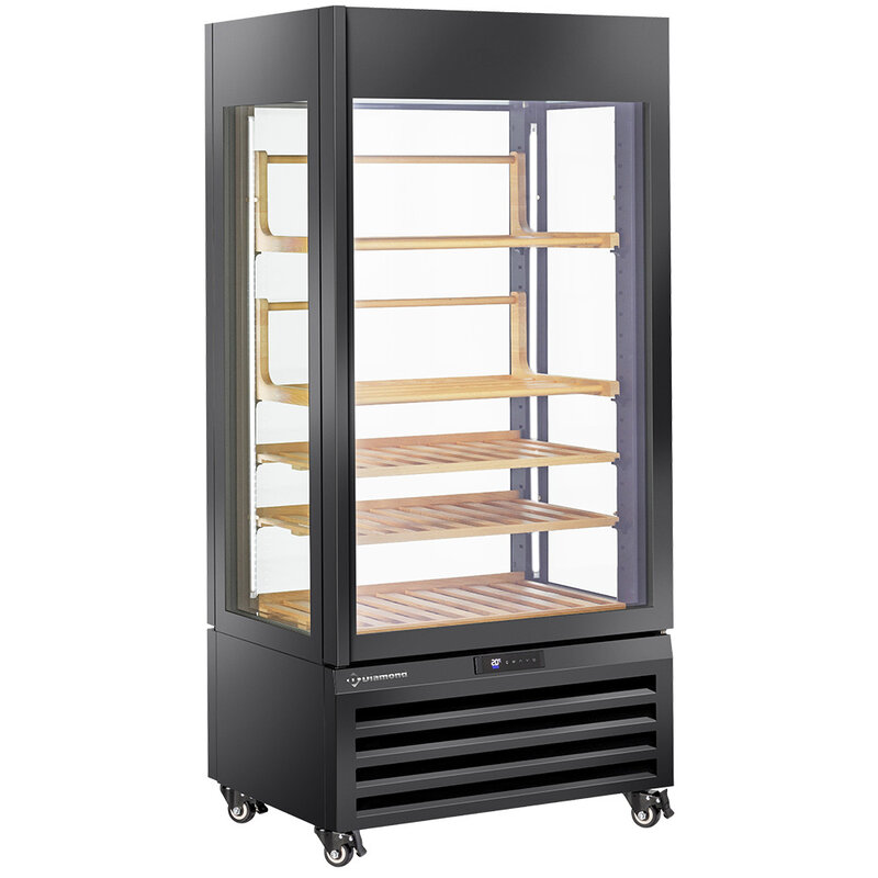 Full Glazen Vitrine" 600 Liter, 1 Niveau + 4 Planken, Geventileerd - Wine - Zwart