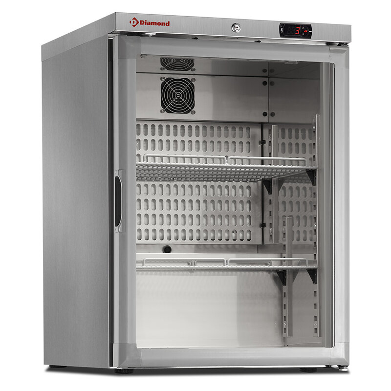 Geventileerde Koelkast, Glazen Deur, 150 Liter. R.v.s.
