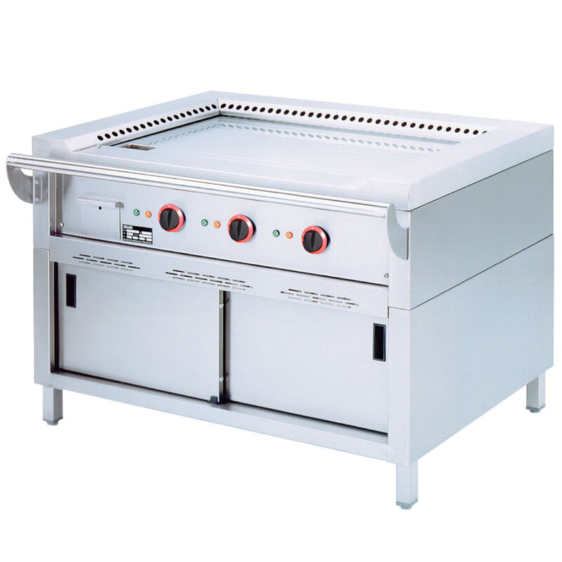 Elektrische "teppanyaki" Plaat, 3 Zones (3x 4,7 Kw), op Kast