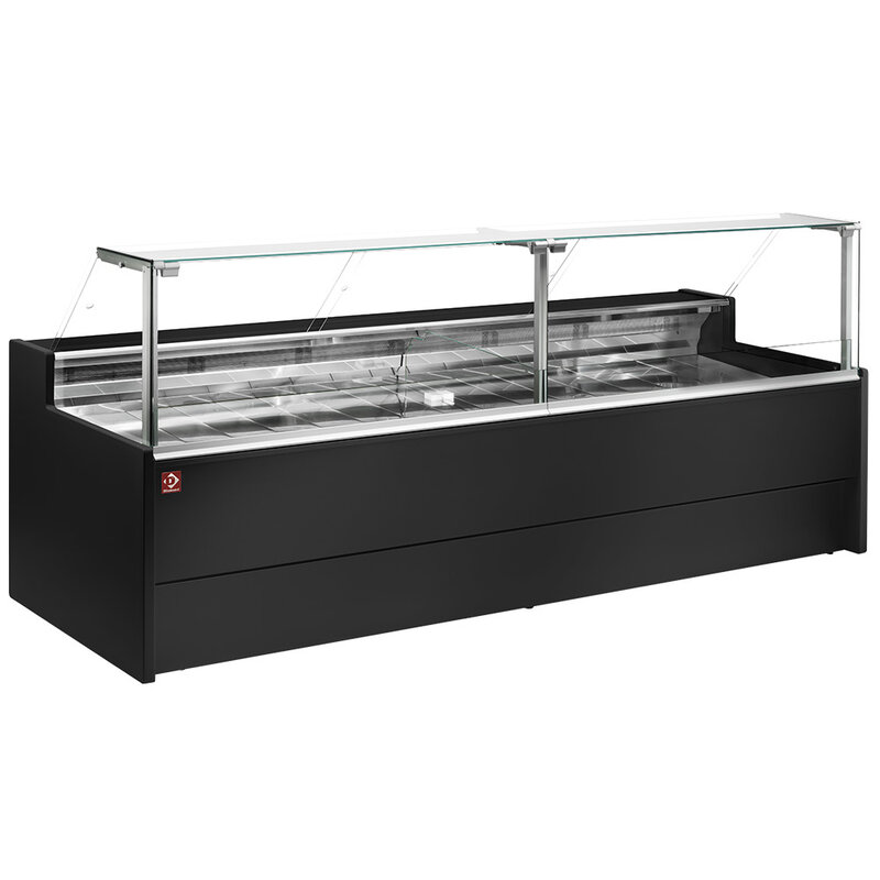 Geventileerde Gekoelde Vitrinetoonbank- Met Recht Frontglas 90° Met Reserve - Zwart
