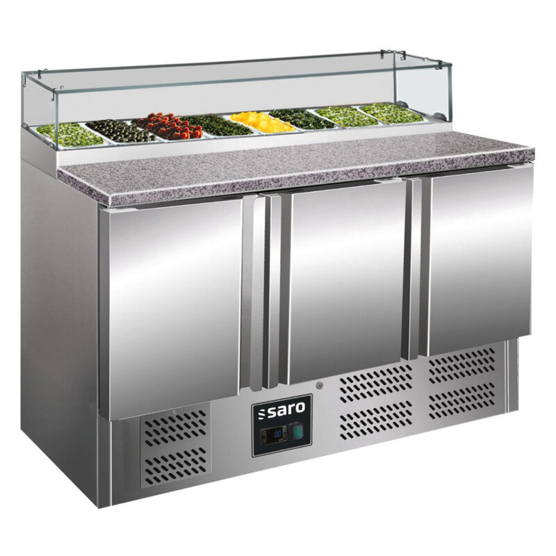 Pizzawerkbank | 444l | 3 Deuren (1/1 Gn) | Boven 8x 1/6 GN | +2°c/+8°c | Geventileerd | 0.23kw | 1368x700x880/1180(h)mm