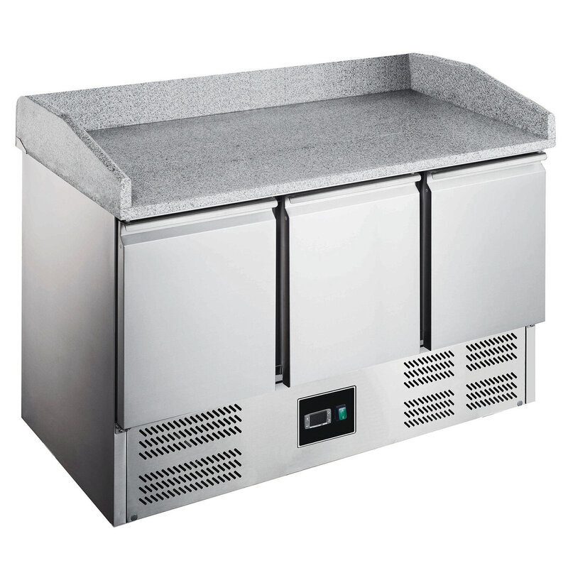 Pizzawerkbank | 368l | 3 Deuren (1/1 Gn) | +2°c/+8°c | Statisch + Ventilator | Wielen (geremd) | 1400x700x866/1016(h)mm