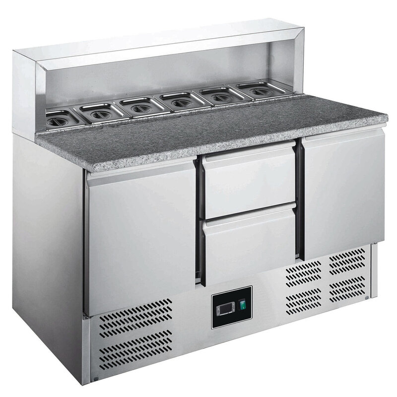 Pizzawerkbank | 402l | 2 Deuren + 2 Laden (1/1 Gn) | Boven 8x 1/6 GN | +2°c/+8°c | Geventileerd | 0.28kw | 1368x700x861/1086(h)mm