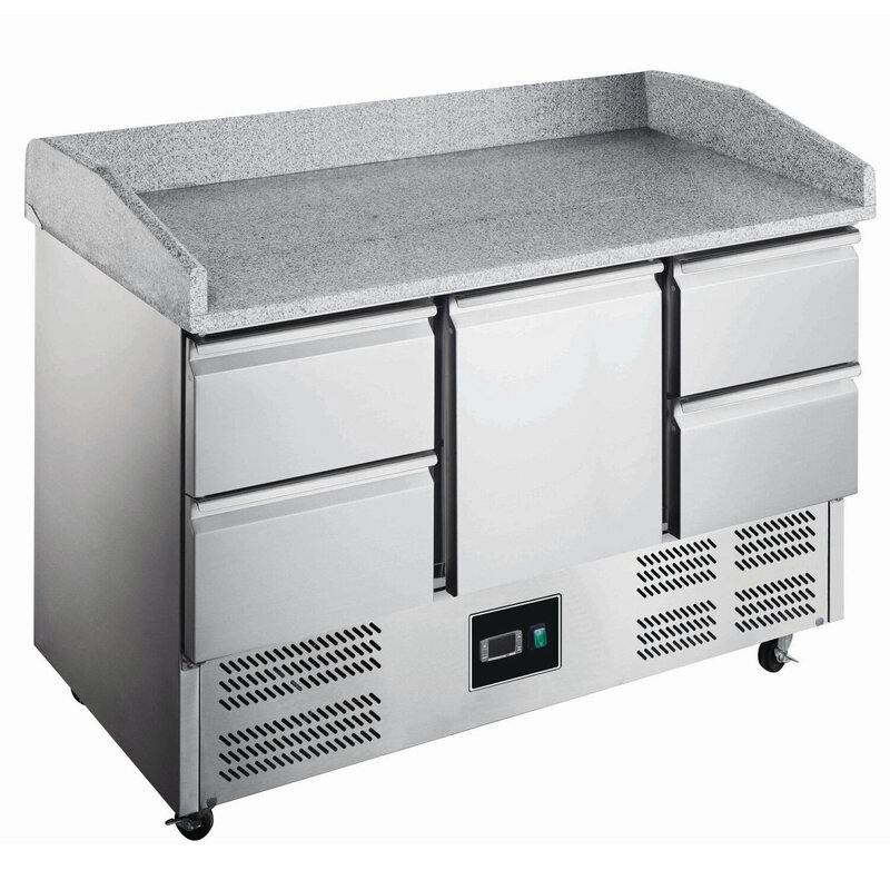 Pizzawerkbank | 368l | 1 Deur + 4 Laden (1/1 Gn) | +2°c/+8°c | Statisch + Ventilator | Wielen (geremd) | 1400x700x866/1016(h)mm
