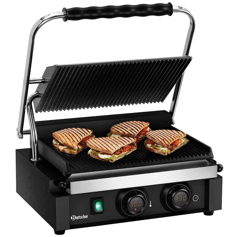 Contact-/paninigrill | Enkel | Gegroefd Oppervlak 345x235 (gietijzer) | 50°c/300°c | 2.2kw (230v) | Timer | 410x395x210(h)mm