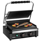 Contact-/paninigrill | Enkel | Glad/gegroefd Oppervlak 345x235 (gietijzer) | 50°c/300°c | 2.2kw (230v) | Timer | 410x398x208(h)mm