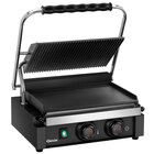 Contact-/paninigrill | Enkel | Glad/gegroefd Oppervlak 345x235 (gietijzer) | 50°c/300°c | 2.2kw (230v) | Timer | 410x398x208(h)mm