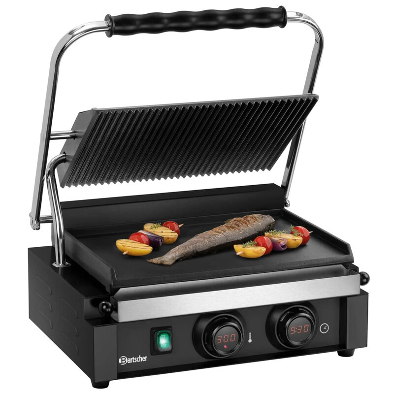 Contact-/paninigrill | Enkel | Glad/gegroefd Oppervlak 345x235 (gietijzer) | 50°c/300°c | 2.2kw (230v) | Timer | 410x398x208(h)mm