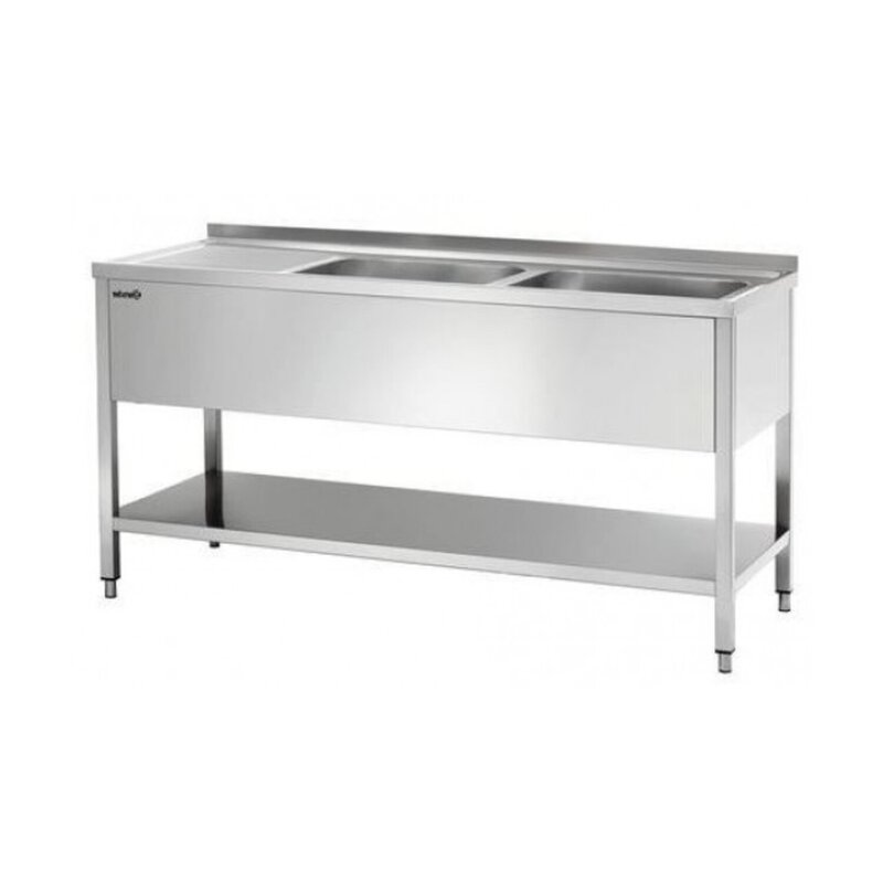 Rvs Spoelwerktafel Met 2 Spoelbakken Rechts En Bodemschap + Achteropstand | 1600x700x850(h)mm
